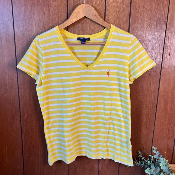 Ralph Lauren Womens T Shirt Large Yellow White Striped V Neck Pony Logo - Picture 2 of 6